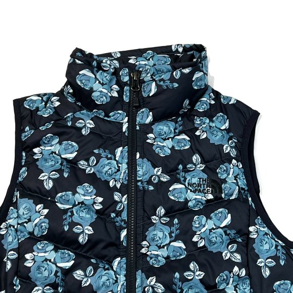 The North Face Womens Small Puffer Vest 550 Goose Down Blue Floral Zip Slim - Picture 3 of 9